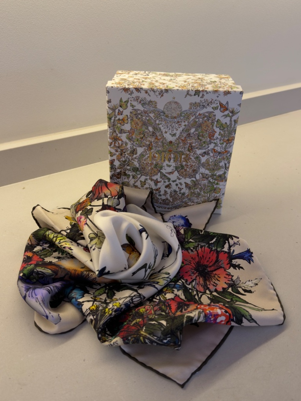 Christian Dior 100% Silk Scarf 70cm Floral Butterfly Print Cream Multicolor w/ B